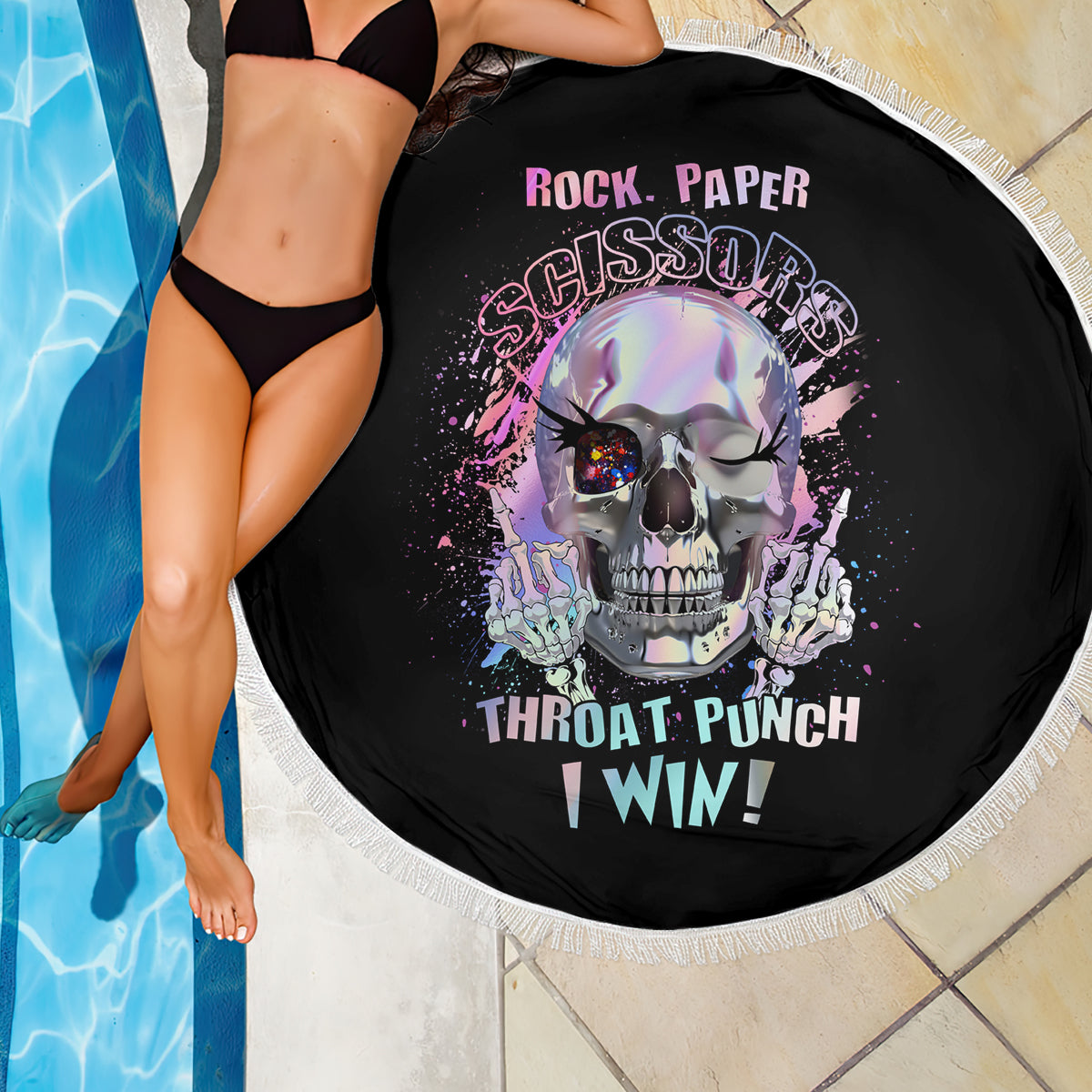 Round beach blanket, black skull design with 'Throat Punch I Win' text, white fringe edge