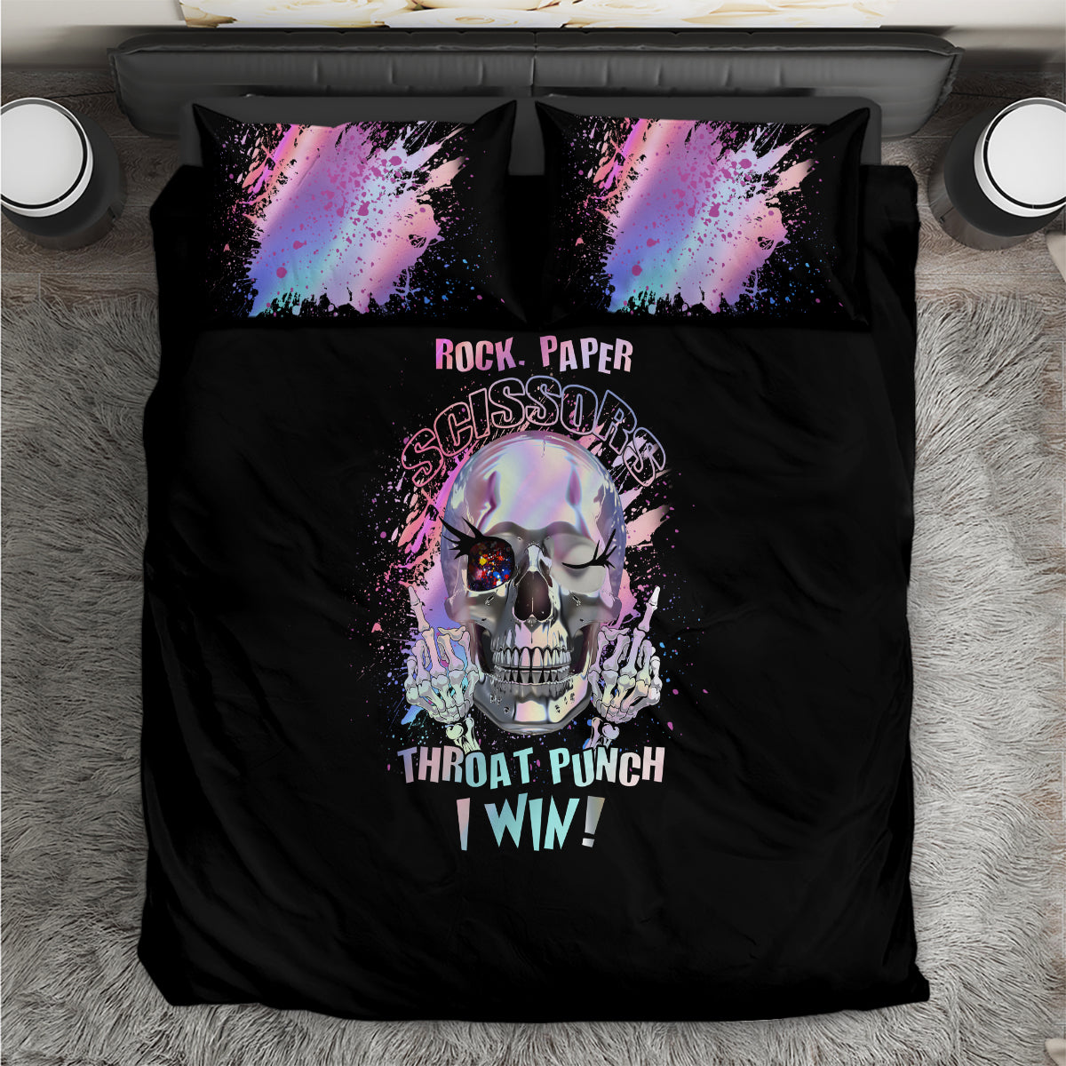 Black duvet with two pillowcases featuring skull graphic, 'I WIN' lettering, purple splatter