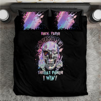 Black duvet with two pillowcases featuring skull graphic, 'I WIN' lettering, purple splatter