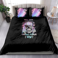 Black duvet and two pillowcases with purple skull graphic and multicolor splatter