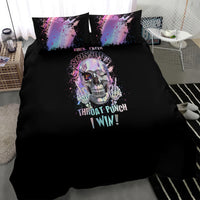 Black duvet and two pillowcases with centered skull graphic in purple and pink hues