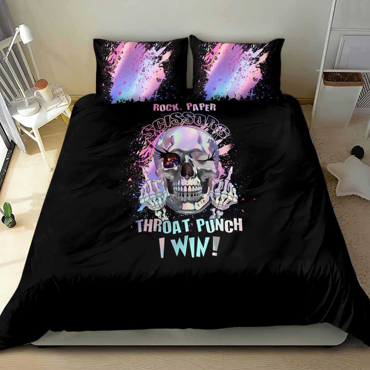 Black duvet and two pillowcases with purple skull art and 'THROAT PUNCH I WIN' text