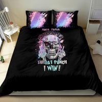Black duvet and two pillowcases with purple skull art and 'THROAT PUNCH I WIN' text