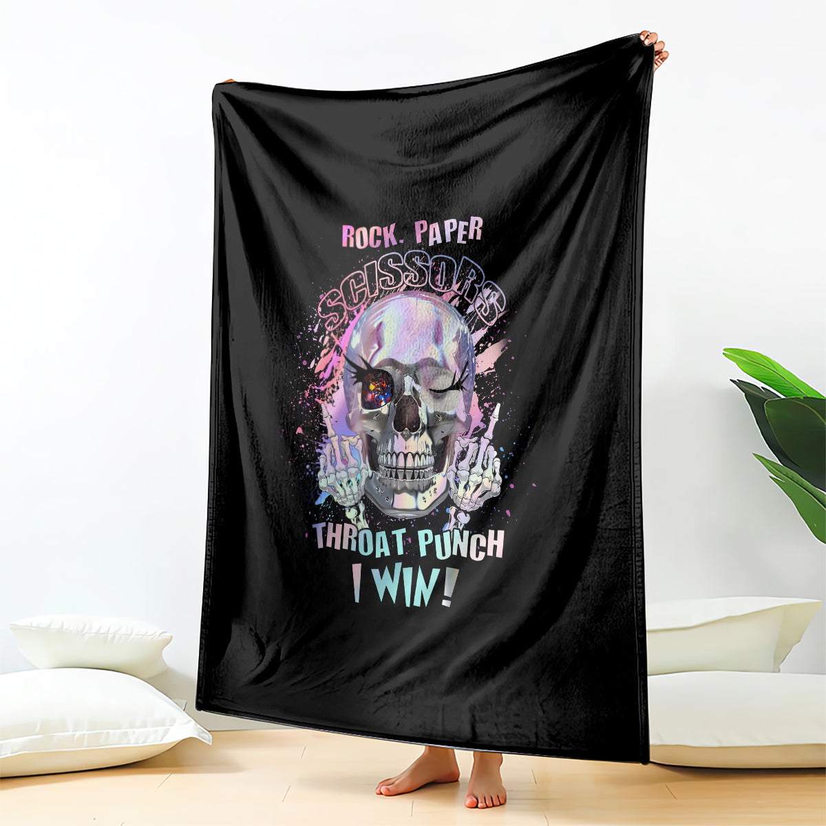Black graphic blanket showing multicolor skull and "Throat Punch I Win" front design