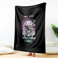 Black graphic blanket showing multicolor skull and "Throat Punch I Win" front design