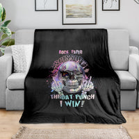 Black graphic blanket with skull and "Throat Punch I Win" text design