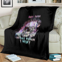 Black graphic blanket draped with purple skull and "Throat Punch I Win" text