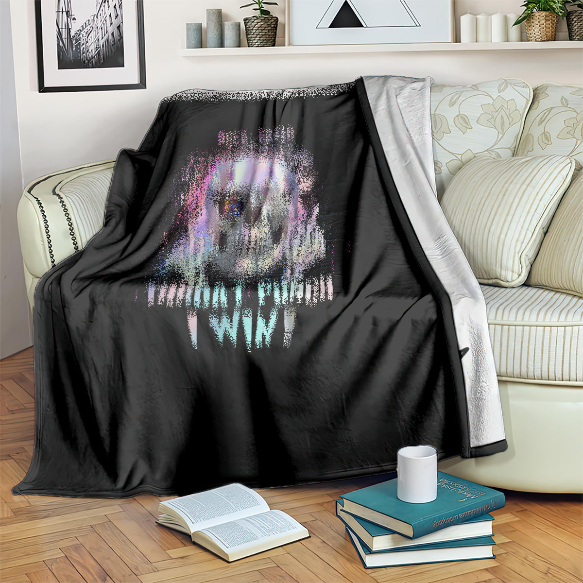 Black graphic blanket draped over couch, purple skull and "Throat Punch I Win" text