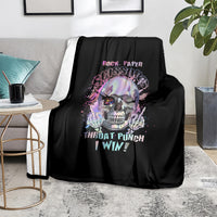 Black graphic blanket on sofa with skull artwork and "Throat Punch I Win" text