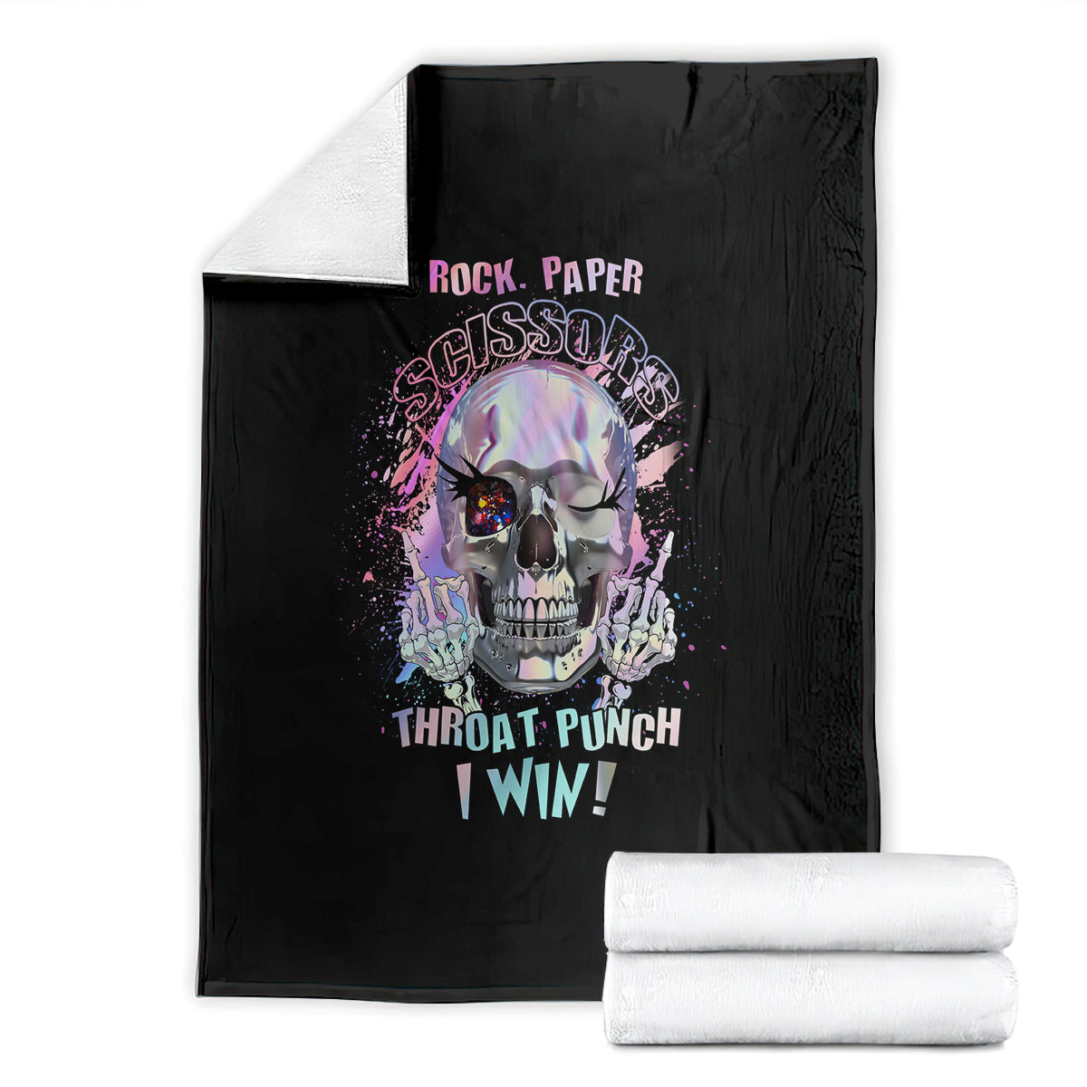 Black graphic blanket folded with skull artwork and "Throat Punch I Win" text