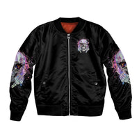 Unisex black bomber jacket with front zipper and multicolor skull graphic on chest