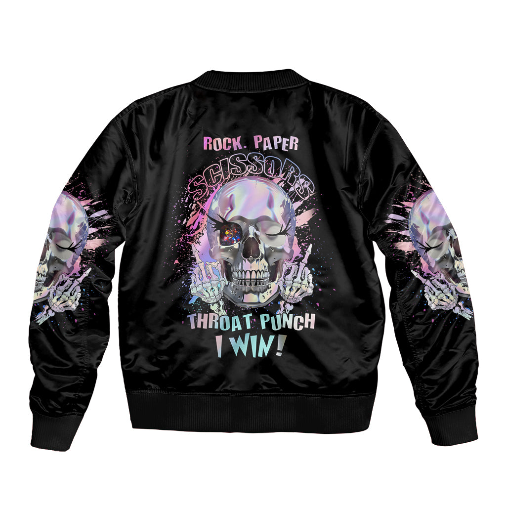 Unisex black bomber jacket with back skull graphic and text, ribbed hem and cuffs