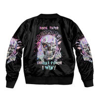 Unisex black bomber jacket with back skull graphic and text, ribbed hem and cuffs
