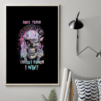 Framed canvas wall art with skull graphic and pink/blue text on a black background.