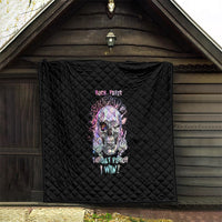 Black quilted throw blanket with a centered skull illustration and neon-style lettering