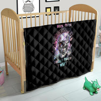 Black quilted throw blanket with a central skull graphic and neon-style text