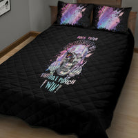 Black quilt bed set with skull graphic and pink-purple splatter; includes two matching pillows.