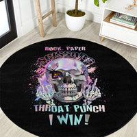 Round black graphic rug with skull, colorful splatter, and “THROAT PUNCH I WIN”
