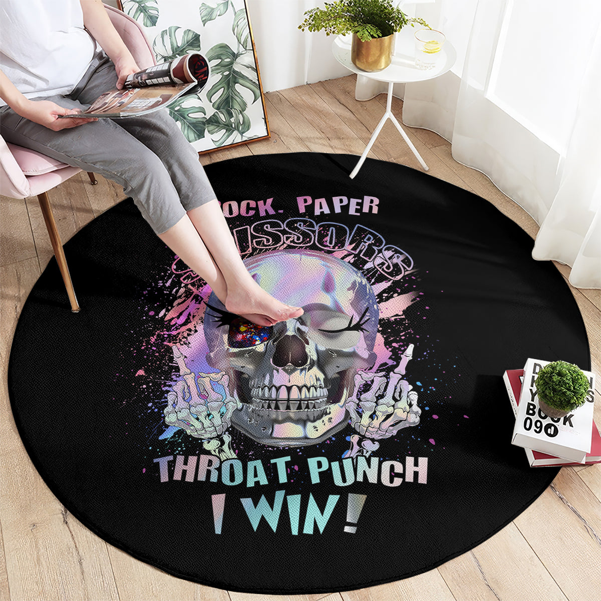 Round black graphic carpet rug with skull and “THROAT PUNCH I WIN” text
