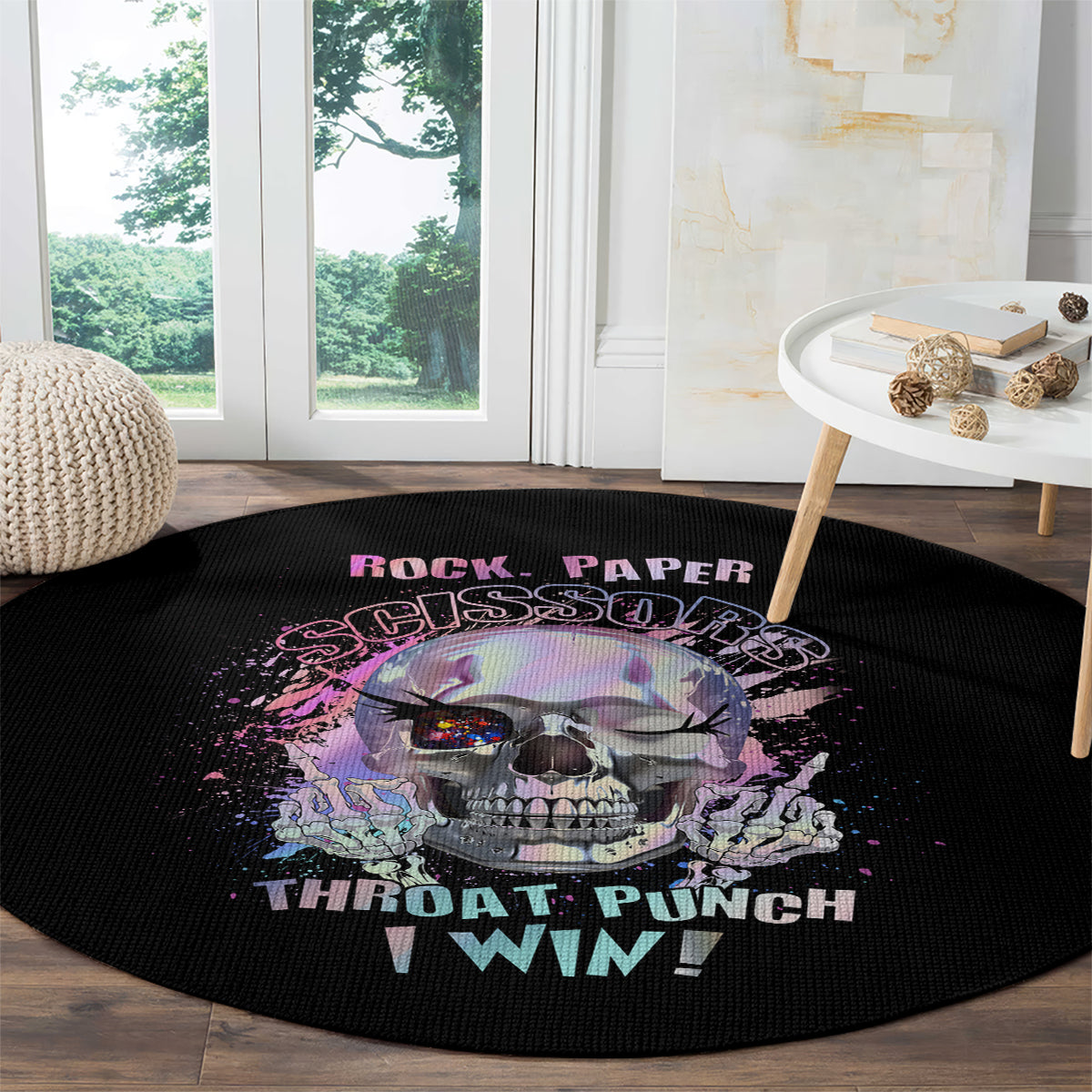 Round black graphic carpet rug with skull and “THROAT PUNCH I WIN” text