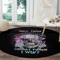 Round black graphic carpet rug with skull and “THROAT PUNCH I WIN” text
