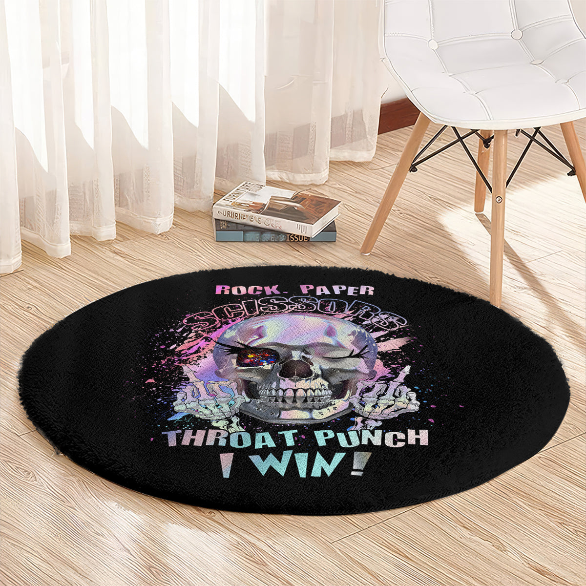 Round black graphic carpet rug with skull and “THROAT PUNCH I WIN” design