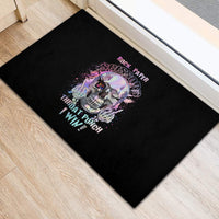 Black rubber doormat with multicolor skull graphic and “Rock Paper Scissors Throat Punch I Win!”