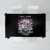 Black rectangle tablecloth with centered colorful skull and text print