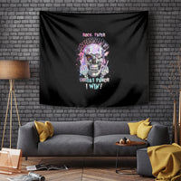 Black wall tapestry featuring a colorful skull and 'Throat Punch I Win!' text