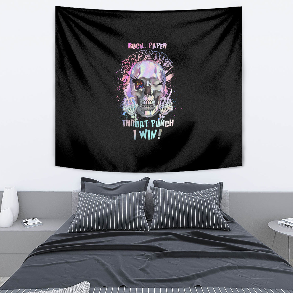 Black tapestry with colorful skull graphic and 'Throat Punch I Win!' text