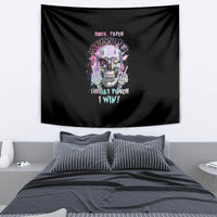 Black tapestry with colorful skull graphic and 'Throat Punch I Win!' text