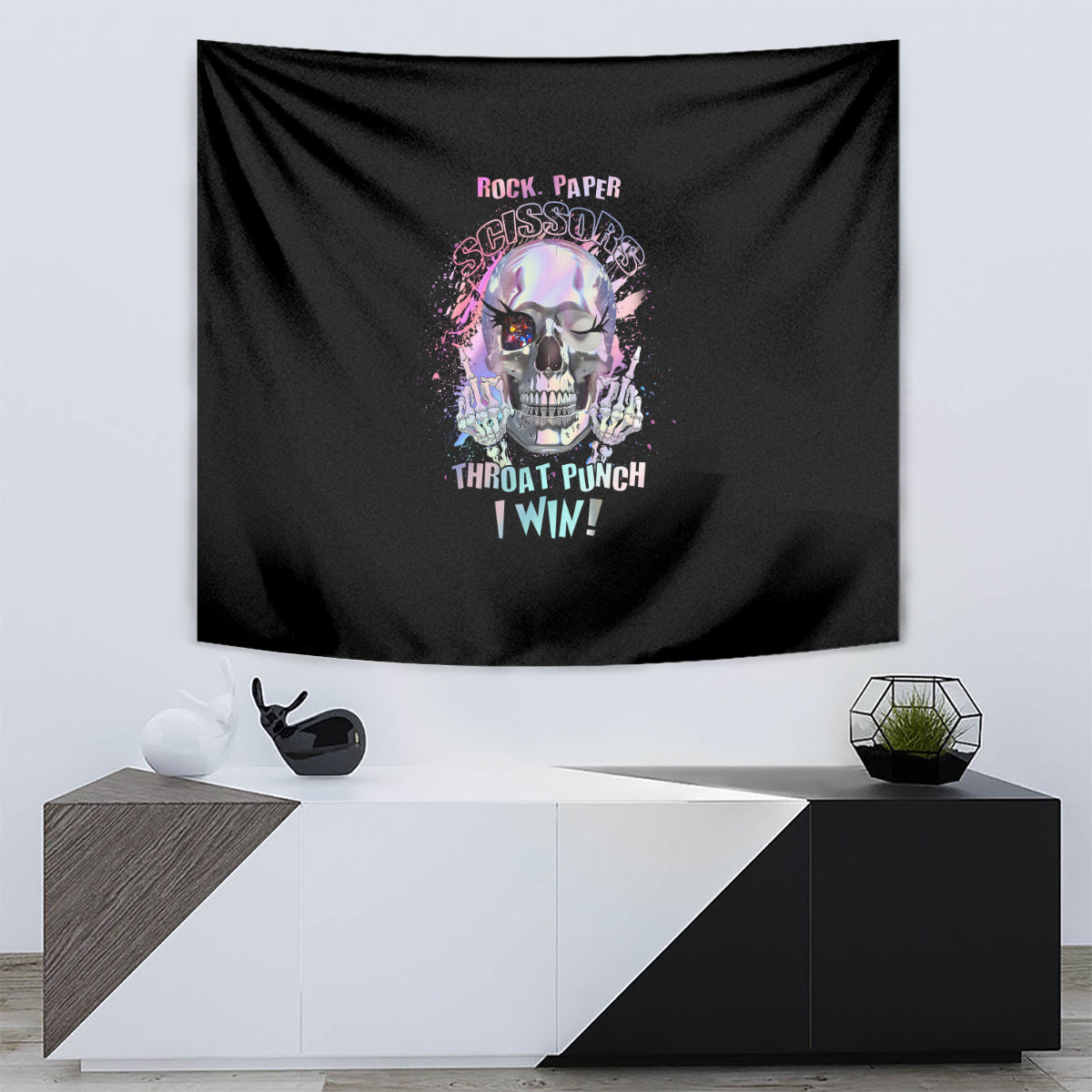 Black tapestry with centered skull graphic and 'Throat Punch I Win!' text