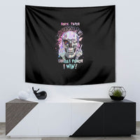 Black tapestry with centered skull graphic and 'Throat Punch I Win!' text