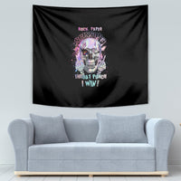 Black tapestry showing a colorful skull graphic and 'Throat Punch I Win!' text