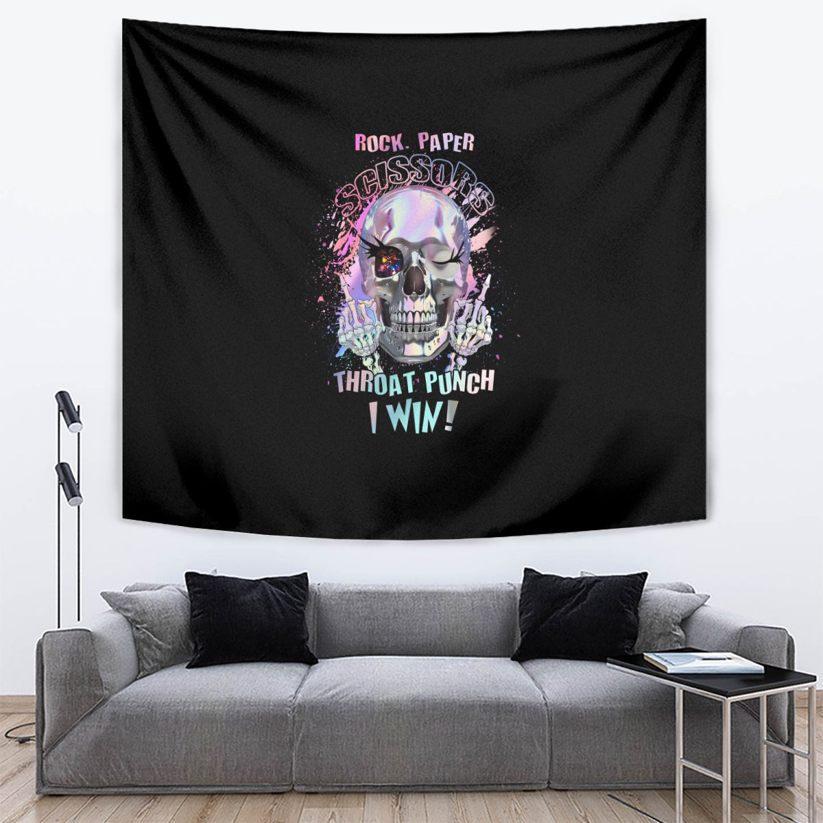 Black tapestry with colorful skull design and 'Throat Punch I Win!' text