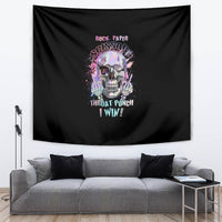 Black tapestry with colorful skull design and 'Throat Punch I Win!' text