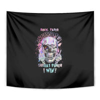 Black close-up tapestry with colorful skull graphic and 'Throat Punch I Win!' text