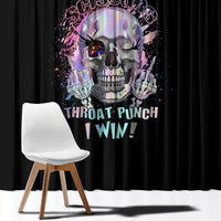 Black window curtain panel with colorful skull graphic and “Throat Punch, I Win!” text