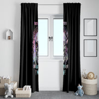 Black window curtain set with colorful skull artwork and stacked “Throat Punch Win!” text