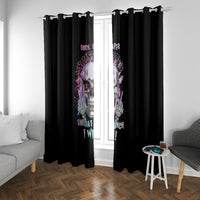 Black window curtain panels with colorful skull artwork, gathered top with hanging hardware