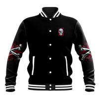 Black unisex baseball jacket with striped ribbed collar and colorful skull graphic on chest