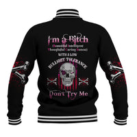 Black unisex baseball jacket, back print with skull, bats, and pink text; striped cuffs