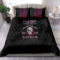 Black bedding set with skull and 'Don't Try Me' text, with two matching pillows