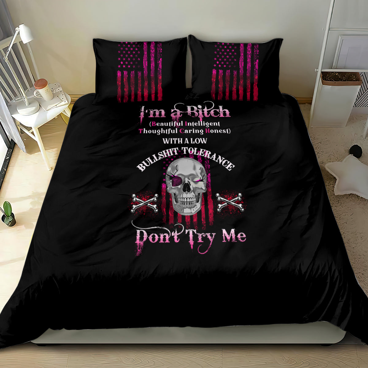 Black bedding set with skull and 'I'm a Bitch' and 'Don't Try Me' lettering, two pillows