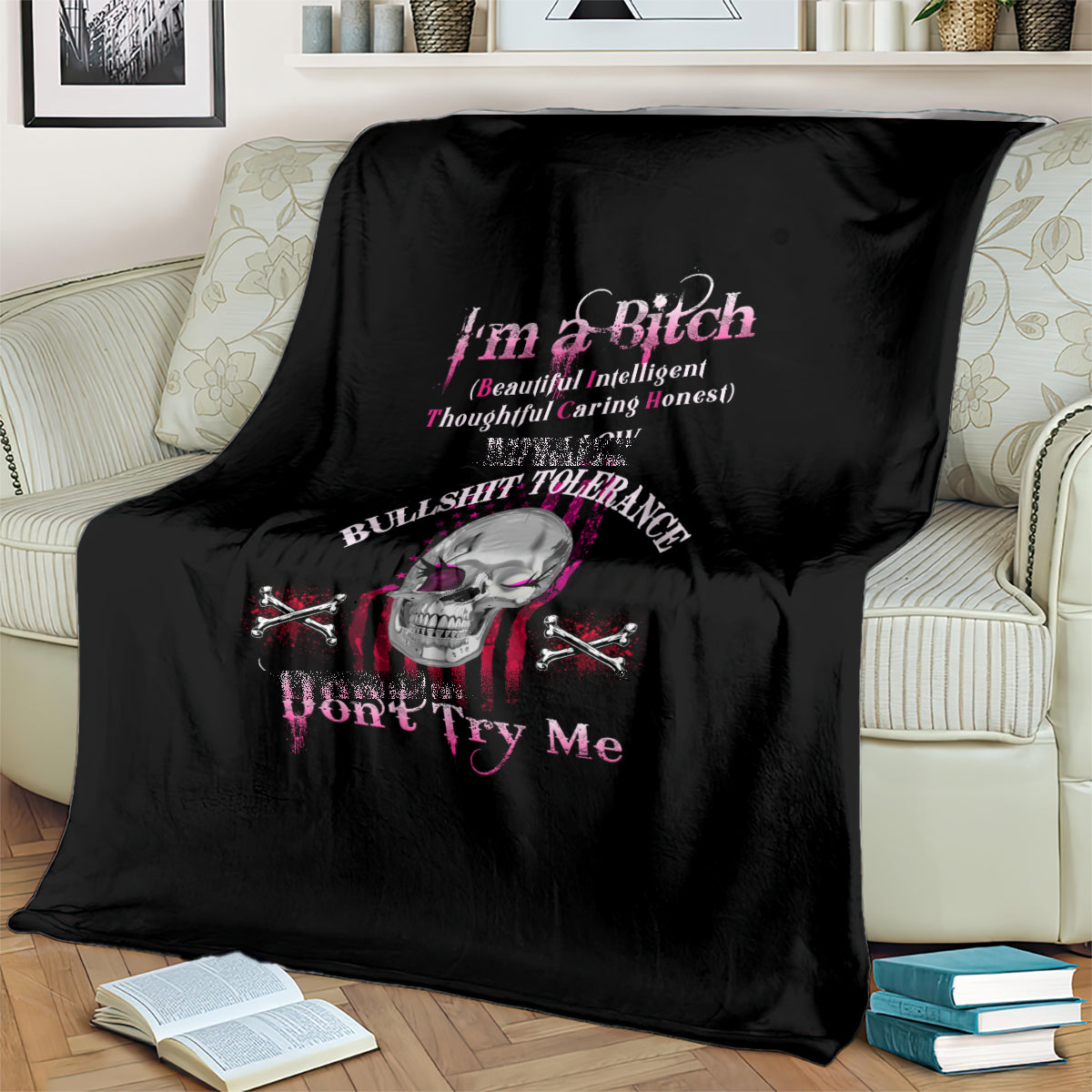 Black novelty throw blanket with skull artwork and magenta 'Don't Try Me' text