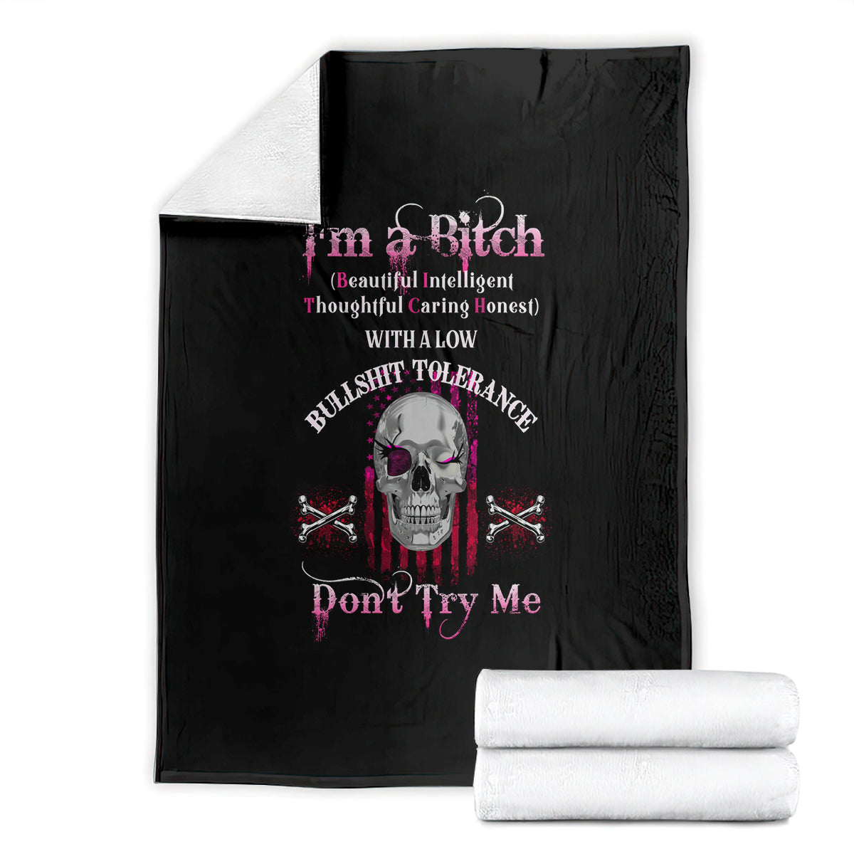 Folded black throw blanket with skull and crossed-swords graphic and 'Don't Try Me' text