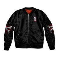 Black satin bomber jacket with front skull emblem, ribbed cuffs and hem.