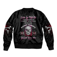 Black satin bomber jacket with back skull graphic and text, ribbed collar and cuffs.