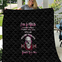 Black quilt with diamond quilting and central skull graphic, 'Don't Try Me'