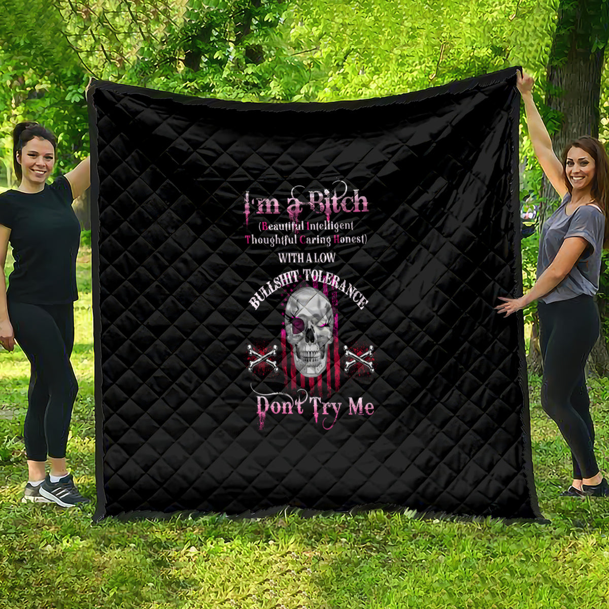 Black quilt, diamond quilting, skull graphic with 'Don't Try Me' text